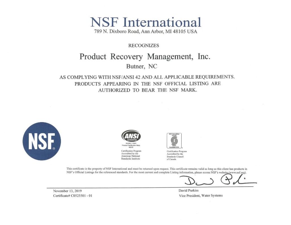 NSF Certification certificate for PRM