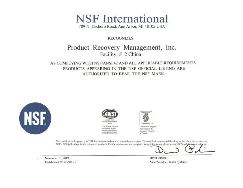 NSF certification for PRM facility in China