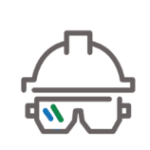 line art of a hard hat and safety glasses with prmfiltration blue and green in the reflection